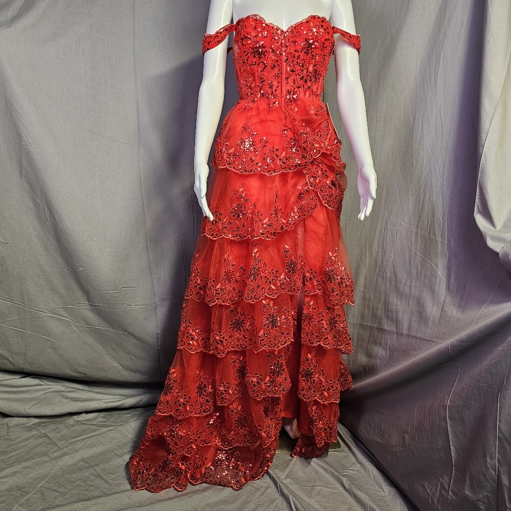 Vintys Glitter‎ Tiered Lace Prom Dress in red